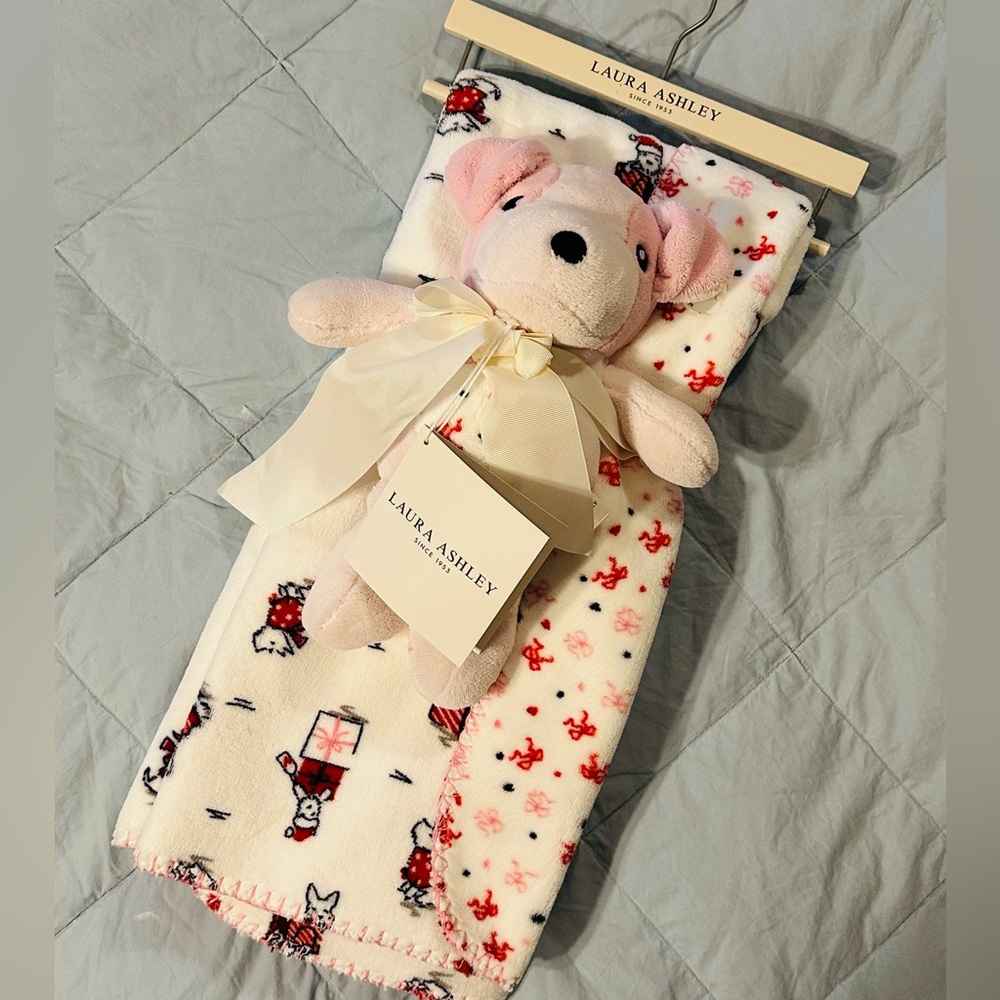 Laura Ashley Pink and White Baby Blanket with Plush Dog